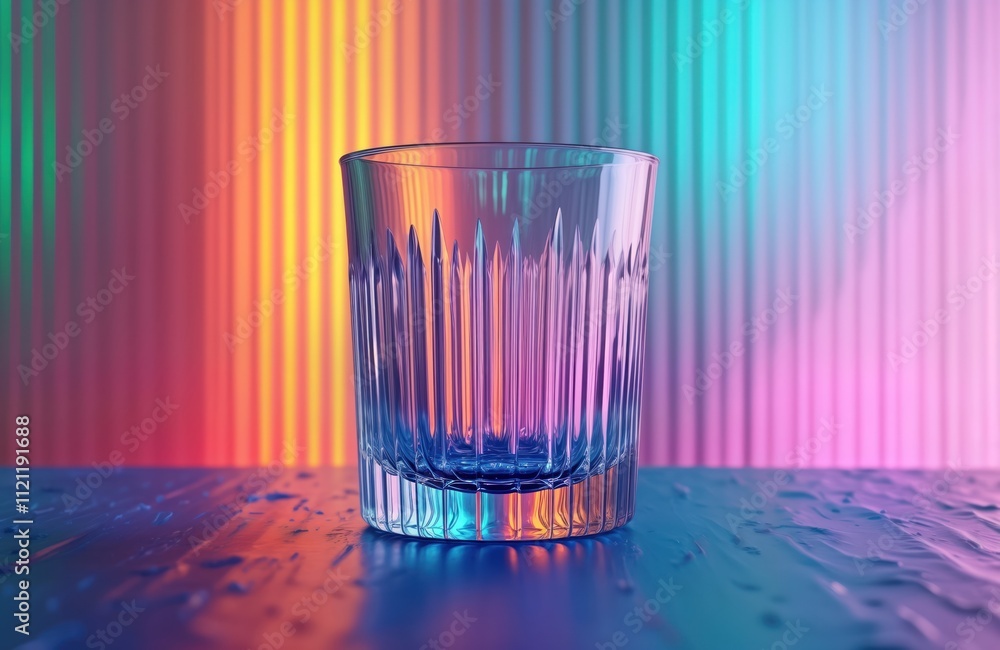 Aufkleber empty reeded glass stands on surface with blurred overlay of vibrant gradient colors. colorful wave 