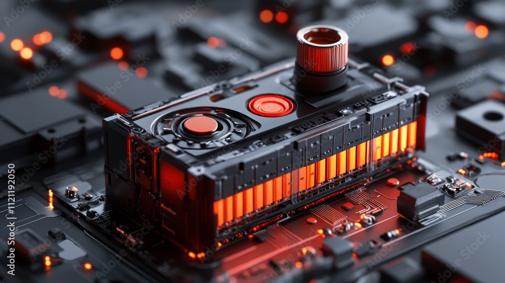 Poster a futuristic electronic component with glowing elements on a circuit board.