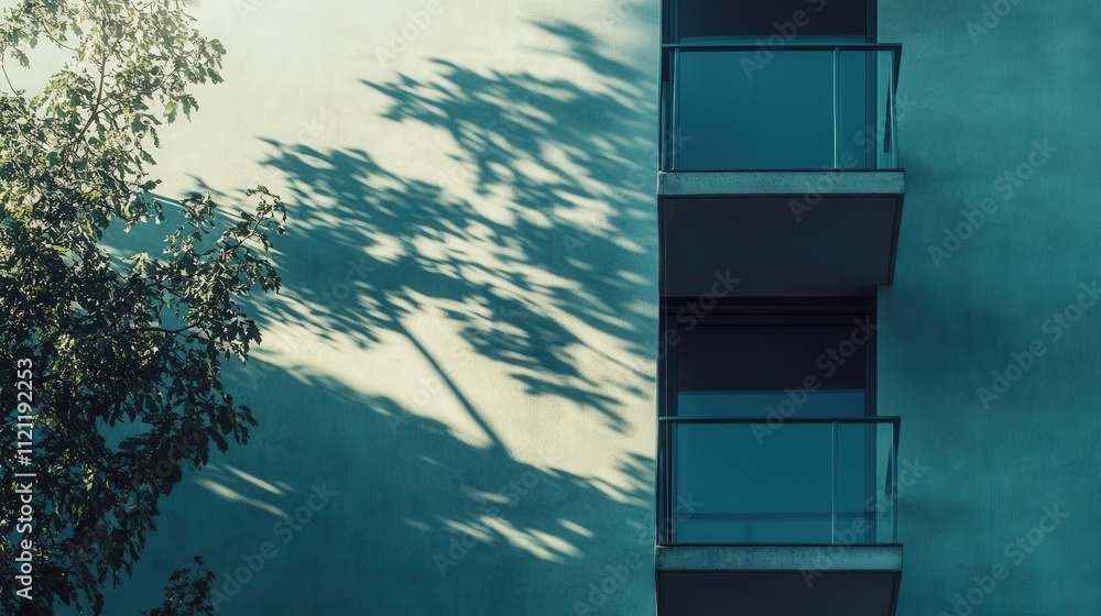 Poster building wall with the shadow of a tree stretching across it, the balcony providing a contrasting ed