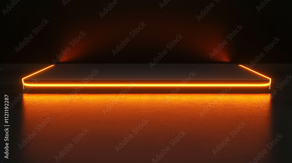 Poster minimalistic platform with neon orange glow on dark background for display purposes