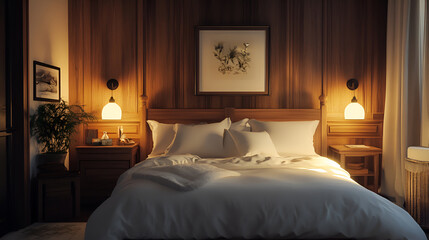 A bedroom with plush bedding and soft lighting,Light bedroom cozy interior  relax and healthy rest concept. Home interior. , Luxury bedroom interior 
