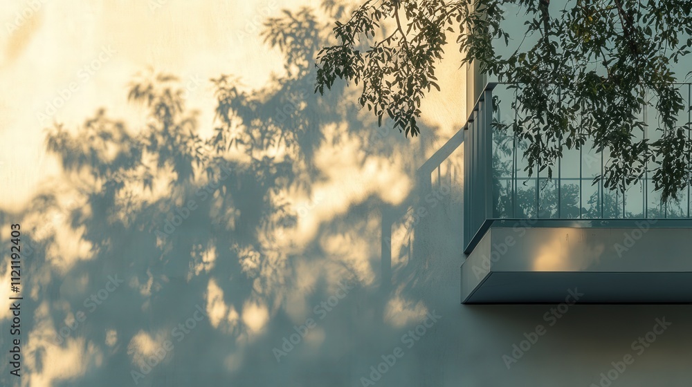 Poster building wall with the shadow of a tree stretching across it, the balcony providing a contrasting ed