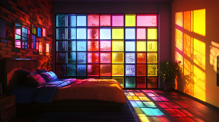 Bedroom interior with colorful wall , beautiful girls bedroom modern design beautiful bed sheet and colorful window glass , Stylish spotless interiors with bright accents
