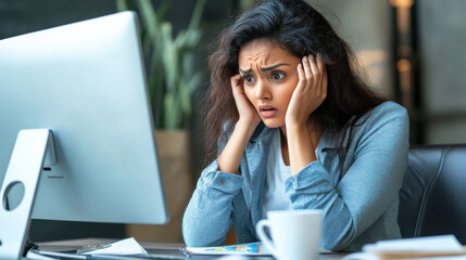 Obraz premium Woman Expressing Anxiety While Looking at Computer Screen in Office