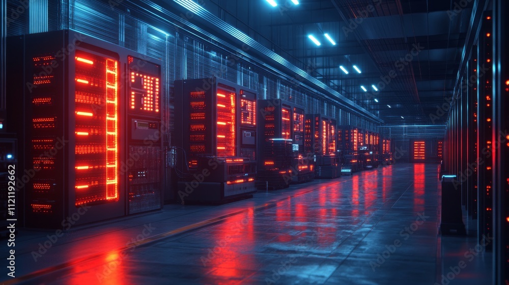 Poster a futuristic server room illuminated by red lights, showcasing advanced technology and data storage.