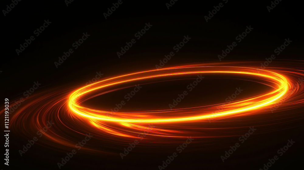 Poster glowing orange circle in dark background with light trails and motion effects