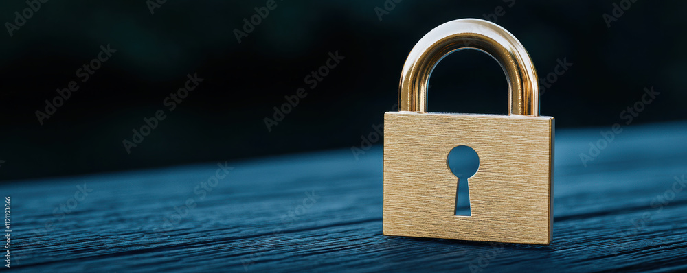 Poster cyber security a close-up of a golden padlock on a wooden surface, symbolizing security and protecti