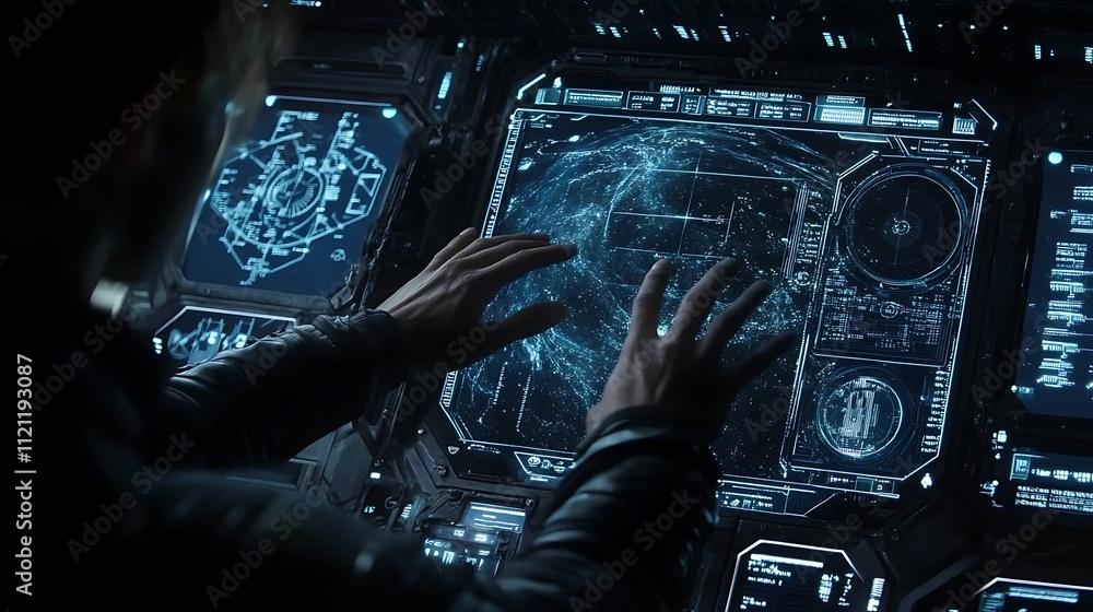 Poster a holographic interface controlling a spaceship in deep space