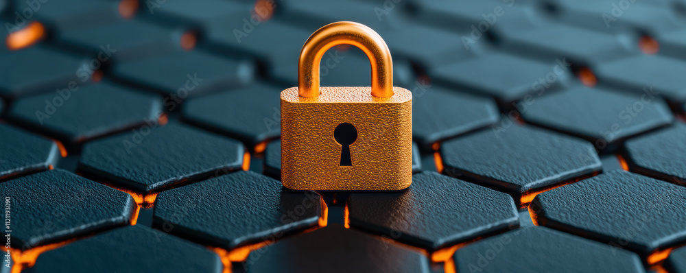 Poster cyber security a close-up of a golden padlock on a textured hexagonal surface, symbolizing security 