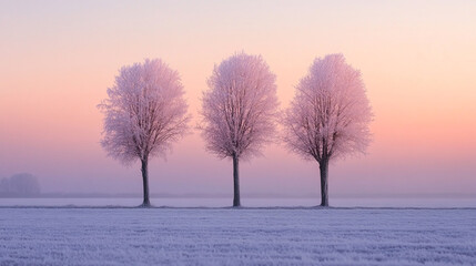 Frost-covered trees stand in a serene winter landscape at dawn with a pastel sky