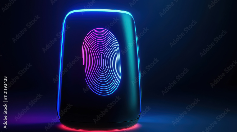 Poster cyber security a futuristic fingerprint scanner with vibrant neon lighting, showcasing advanced tech