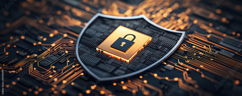 Poster cyber security a digital shield with a padlock symbol, representing cybersecurity and data protectio