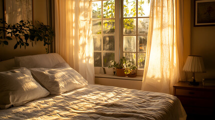 bed with morning sunlight streaming through curtains, modern design room , A bed is positioned in a bedroom beside a window, with sunlight streaming through onto the bedding
