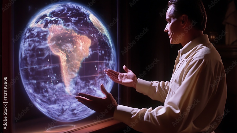 Poster a holographic interface that displays weather patterns across a holographic earth