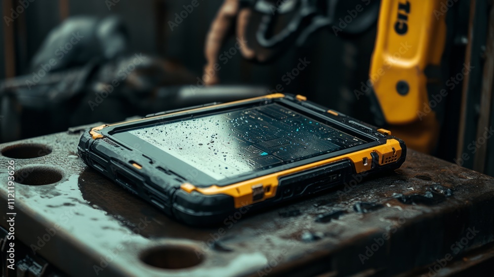 Poster a rugged tablet resting on a wet surface, showcasing durability in an industrial setting.