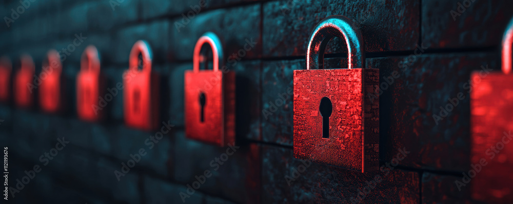 Poster cyber security a series of glowing red padlocks against a dark wall, symbolizing security and privac