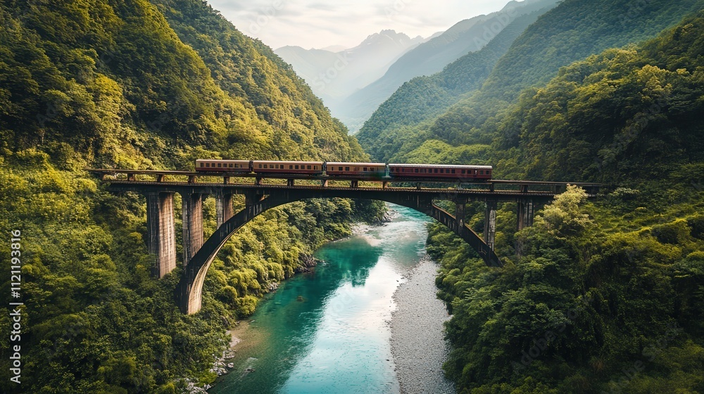 Poster train crossing a river bridge in the middle of a mountain range,