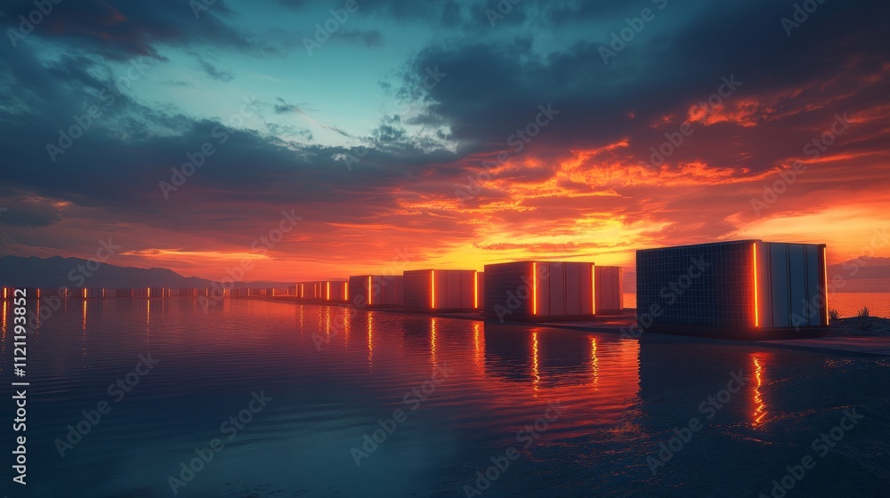 Poster a serene sunset over water with illuminated structures reflecting in the calm surface.