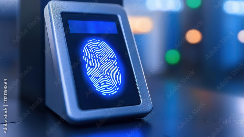 Poster cyber security close-up of a fingerprint scanner glowing in blue light, signifying advanced security