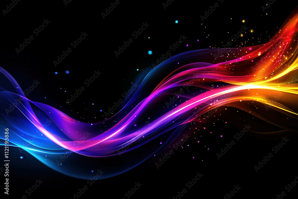 Poster colorful abstract waves with light dots on dark background for creative design projects