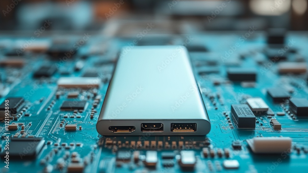 Poster a sleek device positioned on a circuit board, showcasing technology and innovation.