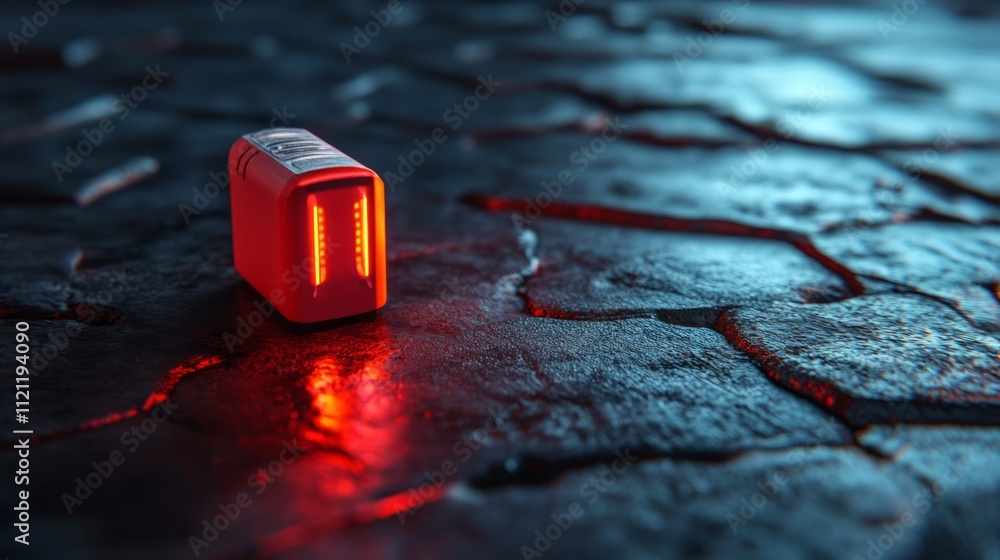 Poster a small red light device rests on a textured surface, emitting a soft glow.