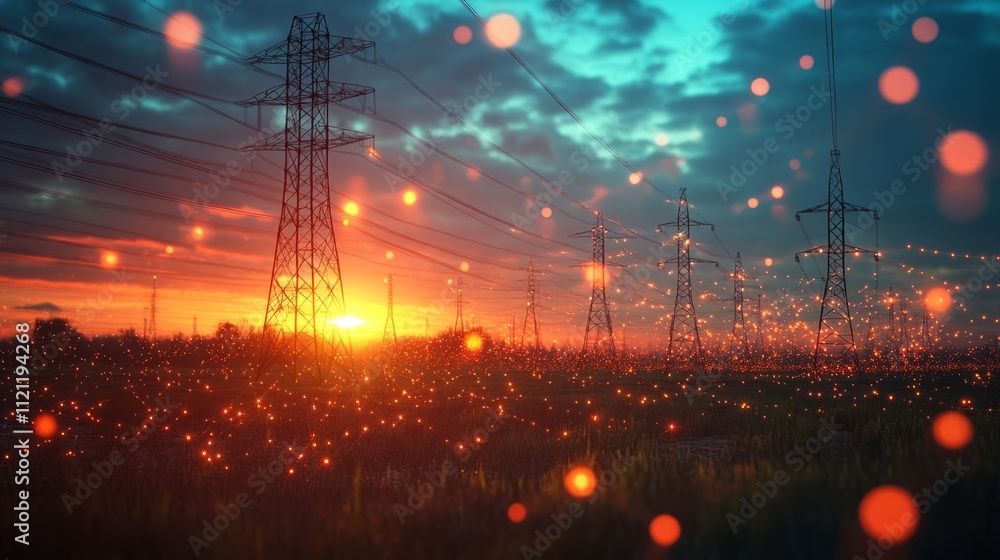 Poster a sunset view with power lines, illuminated by a glowing, abstract effect.
