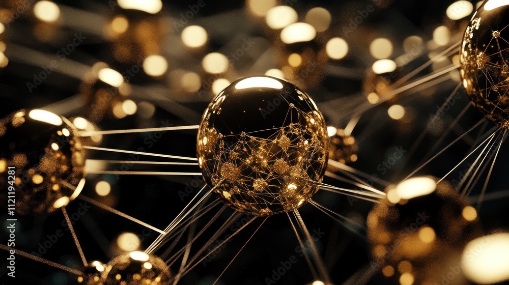 Poster abstract golden spheres interconnected by thin lines on a dark background, representing a network or