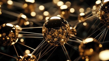 Abstract golden spheres interconnected by thin lines on a dark background, representing a network or connection.