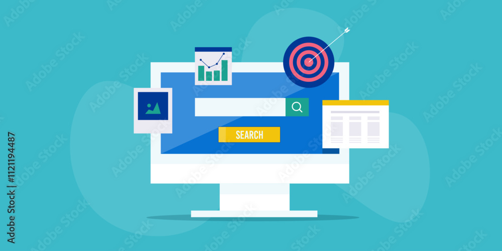 Poster seo concept. search bar on computer screen. target keyword, website traffic data and top-ranking ana