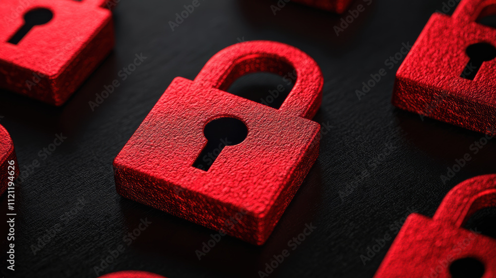 Poster cyber security red locks on a black surface, symbolizing security and protection in digital and phys