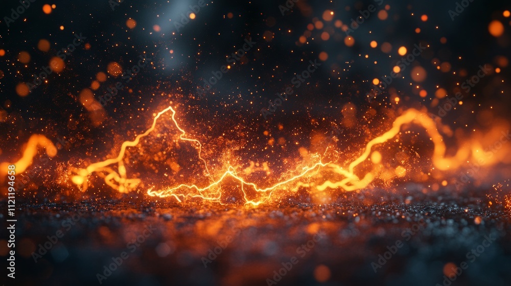 Poster a vibrant display of glowing orange lightning-like patterns against a dark background.