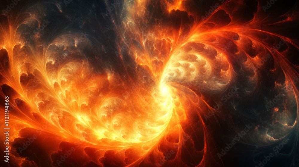 Poster a vibrant fractal design showcasing swirling patterns in fiery orange and deep blue hues.