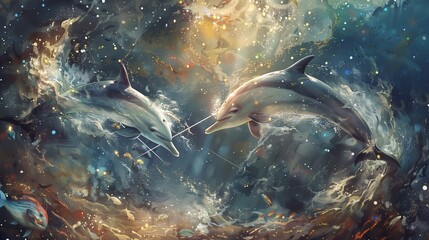 two dolphins fencing in a fantastical underwater arena, their swords clashing with sparkles of light