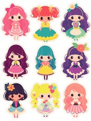 Obraz premium Cheerful Cartoon Girl Stickers: A Diverse Hair and Costume Collection
