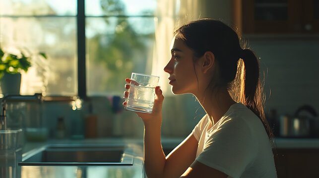 Young woman drinks water in sunlight kitchen. - Powered by Adobe