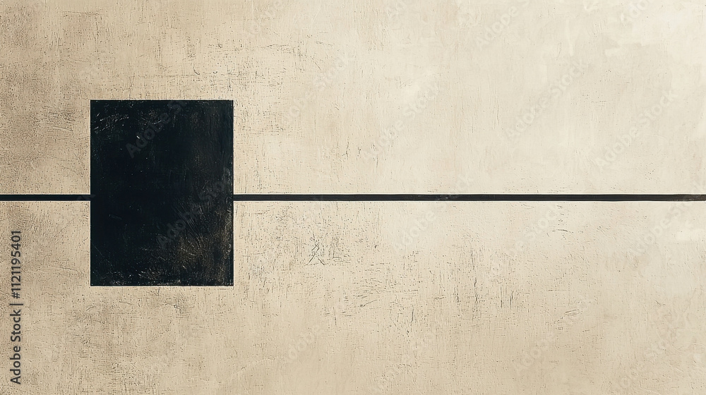 Poster abstract geometric design with a black square and a horizontal line on beige background