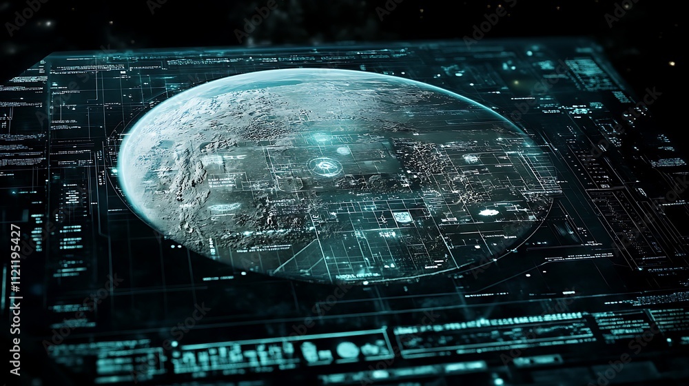 Poster a holographic map of a distant planet, showing terrain and points of interest