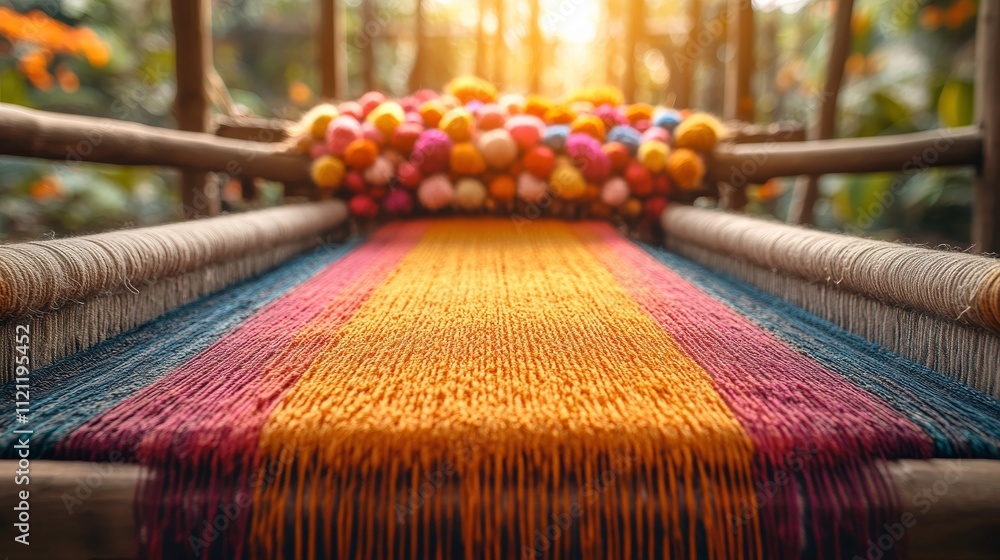 Poster vivid colorful threads on a loom capturing the art of weaving with natural light streaming through a