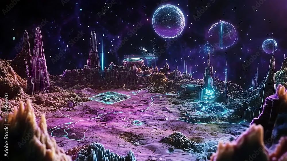 Poster a holographic map of a distant planet, showing terrain and points of interest