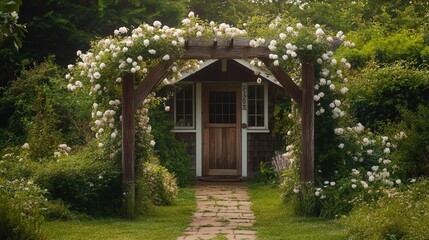 quaint country house with a rustic wooden arbor standing before the door, decorated with delicate white flowers and set in a peaceful garden