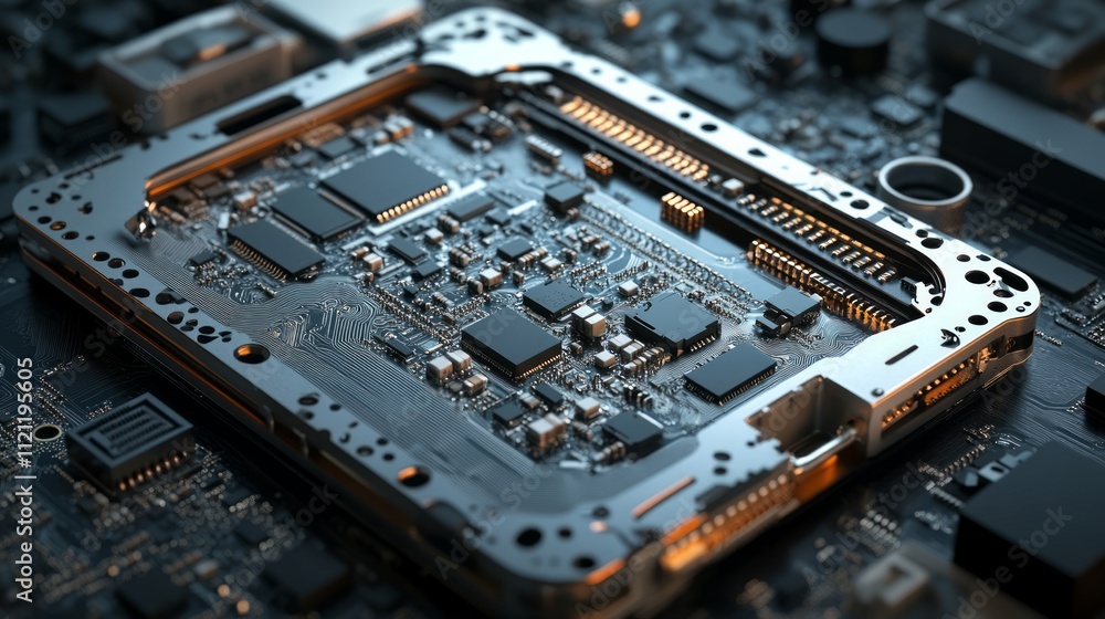 Poster close-up of a circuit board showcasing intricate electronic components and connections.
