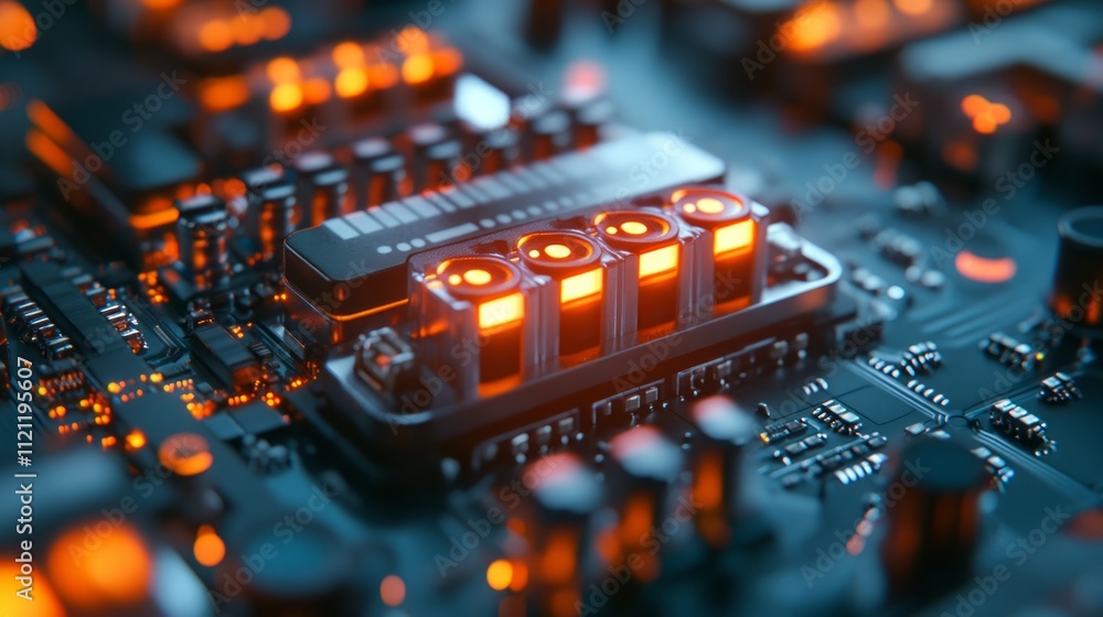 Poster close-up of a circuit board with glowing components, highlighting technology and innovation.