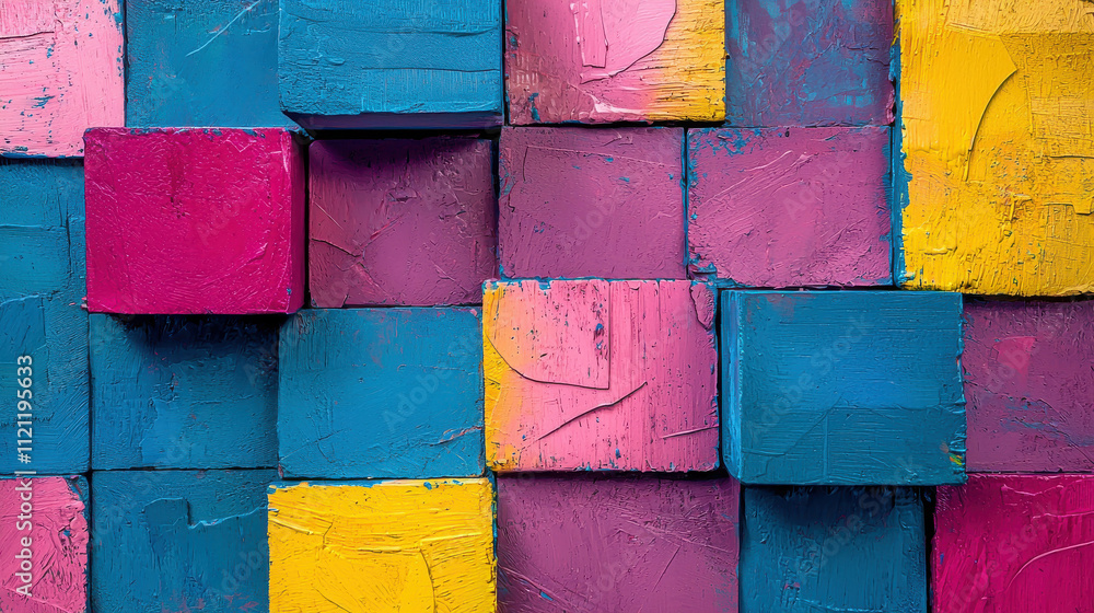 Poster colorful blocks arranged in a vibrant abstract design on a textured surface