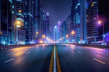 Obraz premium Empty City Street at Night with Skyscrapers in the Background