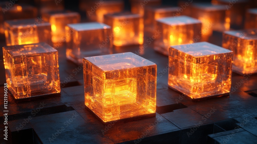 Poster glowing orange cubes on a dark surface, creating a futuristic and abstract atmosphere.