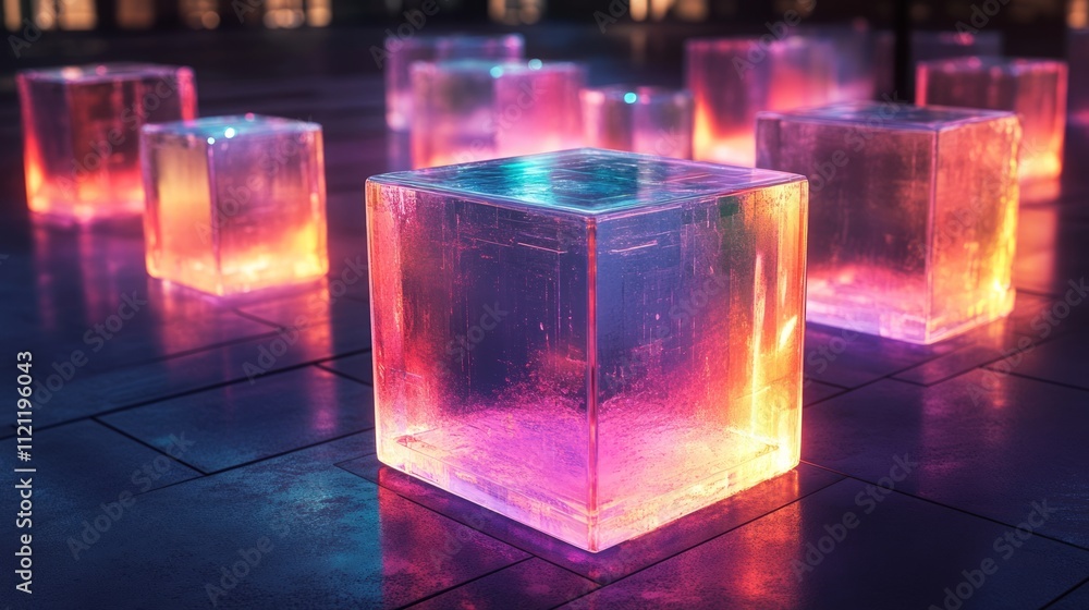 Poster illuminated ice cubes create a vibrant, colorful display on a wet surface at night.
