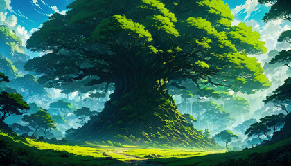 Majestic Giant Tree in the Middle of a Lush Forest. Japanese Anime Illustration Painting Style. Beautiful Landscape Wallpaper