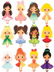 Cheerful Cartoon Girl Stickers: A Diverse Hair and Costume Collection