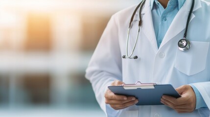 Doctor examining patient chart in modern clinic environment professional healthcare scene close-up view